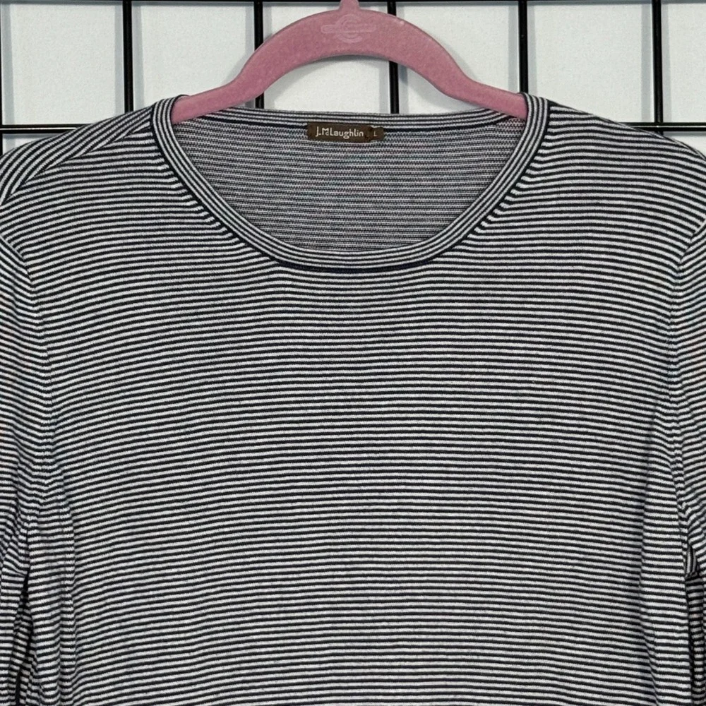 J. McLaughlin‎ Shirt Womens L Large Blue White Stripe Cashmere Blend Scallop Hem